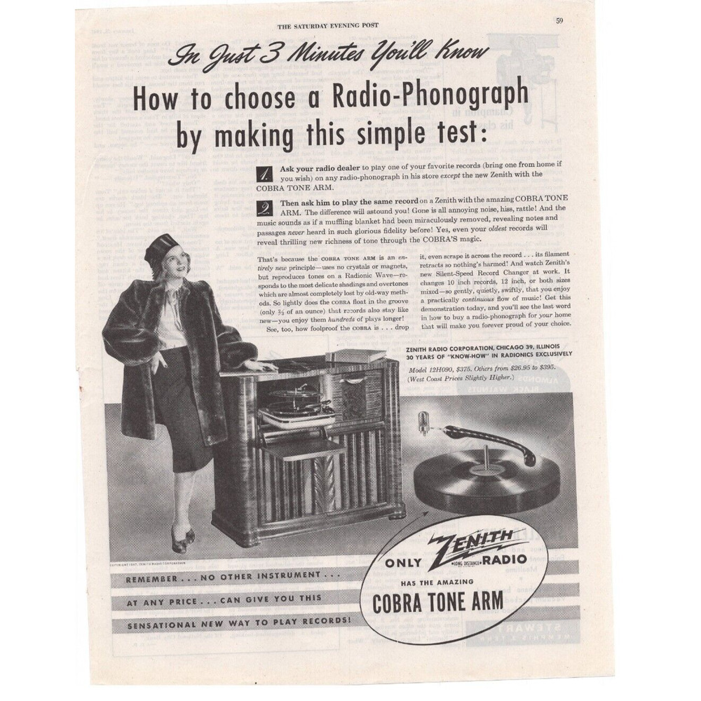 Vintage Original Zenith Radio Phonograph Magazine Advertisement B&W 1950s